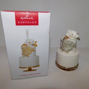 Hallmark  2022 A Sweet Beginning White Gold Wedding Cake Christmas Ornament